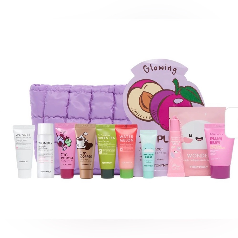 TONYMOLY 12 Piece Deluxe K Beauty Travel Set Skincare Purple Bag Beauty Bundle!